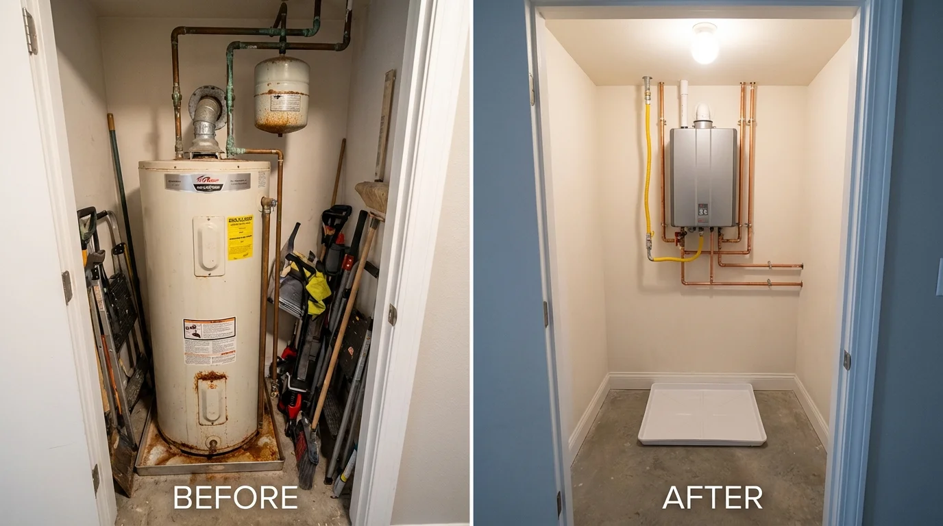 Tank water heater versus wall-mounted tankless unit comparison for Arcadia, WI homeowners