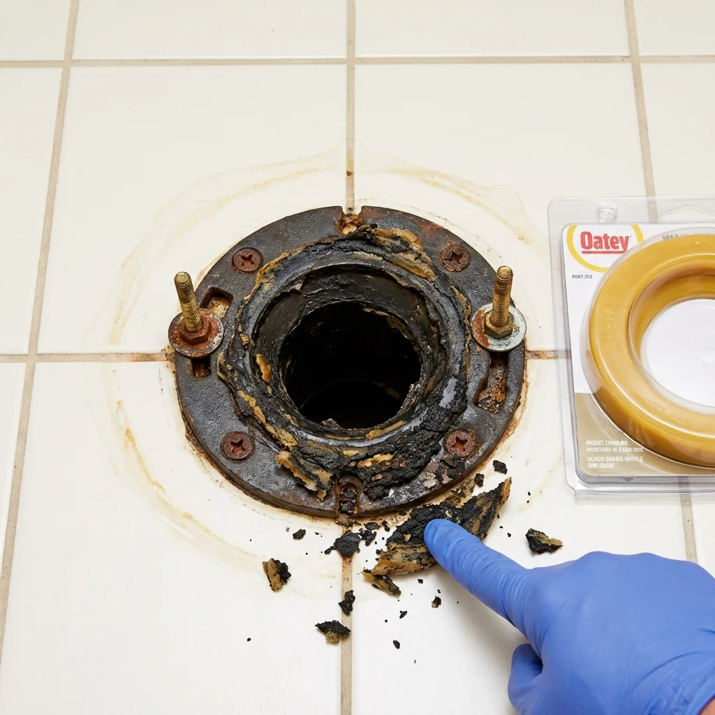 Failed wax ring showing water seepage at the base of a toilet in a Arcadia, WI home