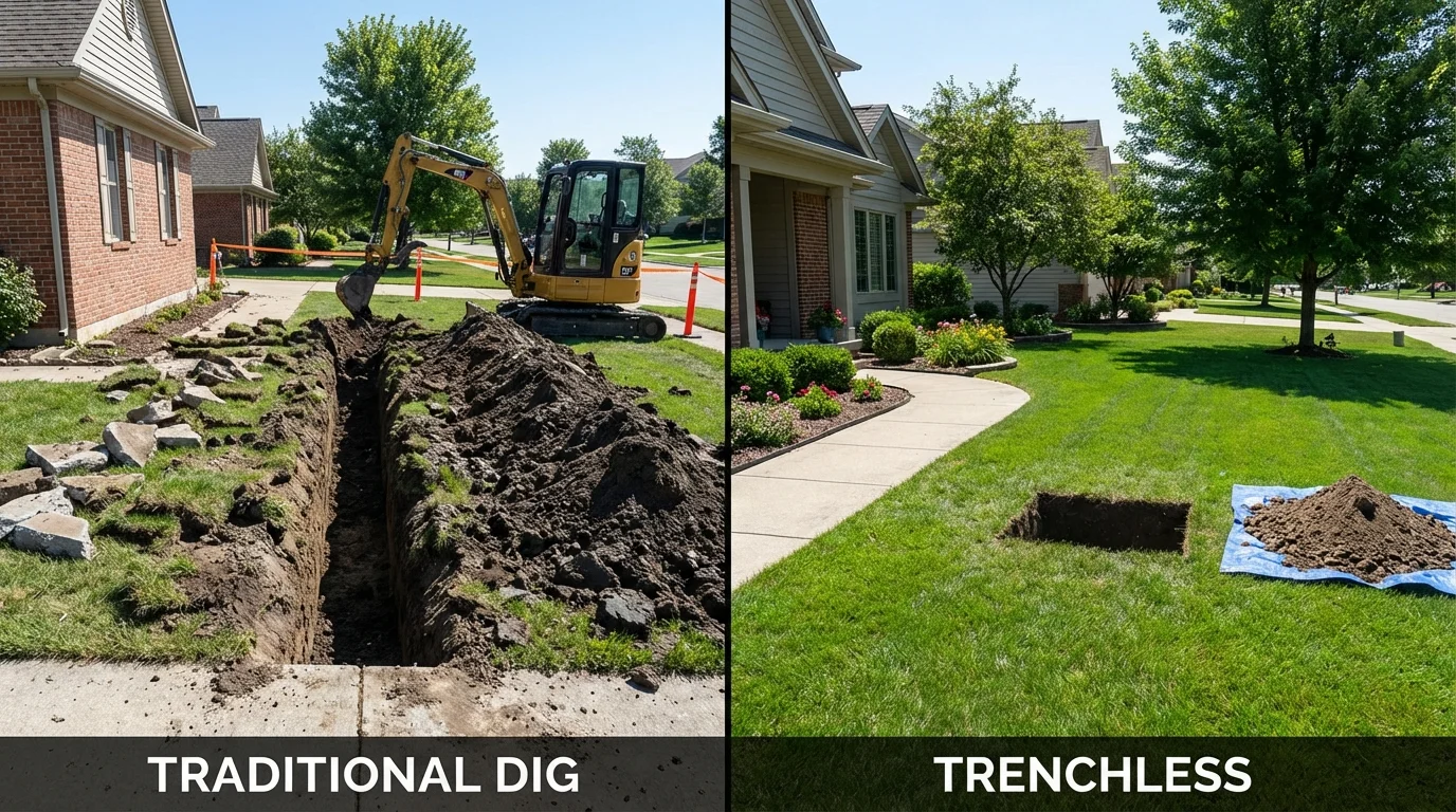 Trenchless sewer repair with minimal yard damage versus traditional excavation in Arcadia, WI