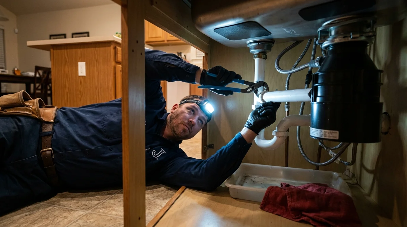 P-trap and supply line connections under a kitchen sink showing a common leak point in Arcadia, WI